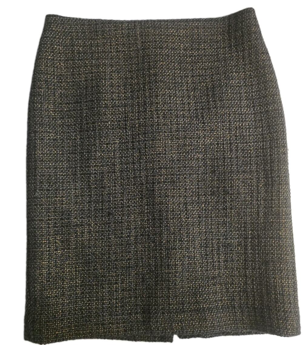 Talbots Petites Skirt 6P Wool Blend Tweed Gray Black Gold Straight Bandless